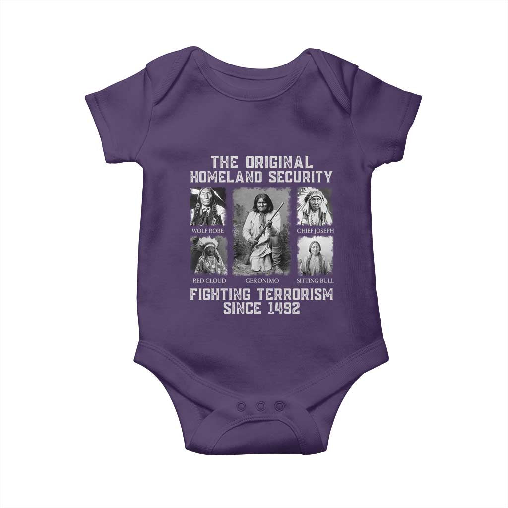 The Original Homeland Security Fighting Terrorism Since 1492 Baby Onesie Native American TS11 Purple Print Your Wear