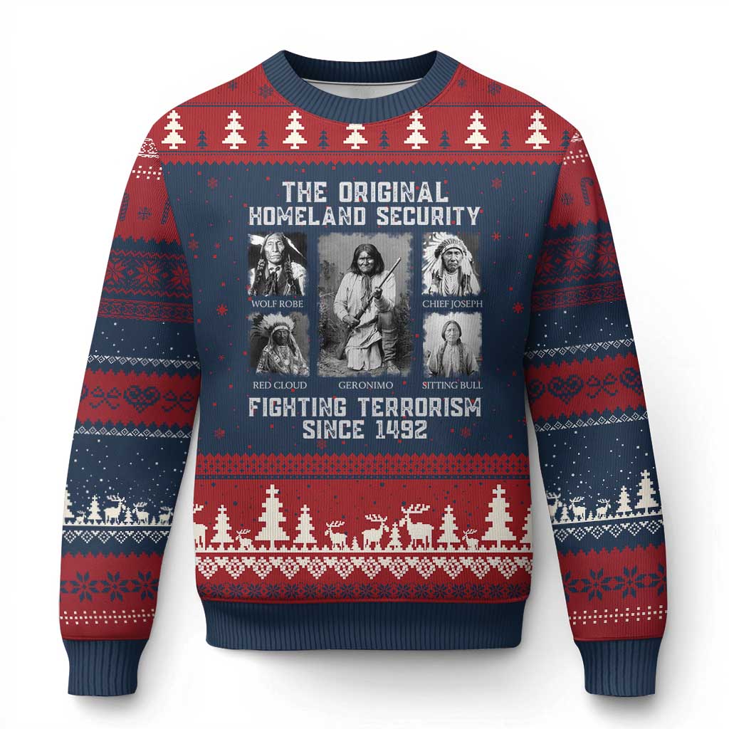The Original Homeland Security Fighting Terrorism Since 1492 Ugly Christmas Sweater Native American TS11 Navy Red Print Your Wear