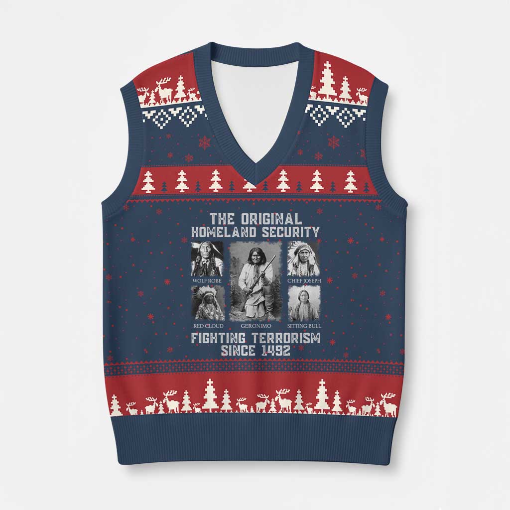The Original Homeland Security Fighting Terrorism Since 1492 V-Neck Knit Sweater Vest Native American TS11 Navy Red Print Your Wear