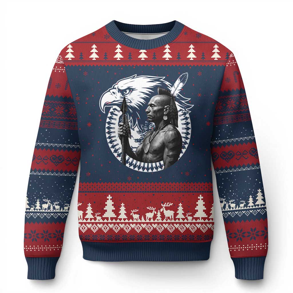 Mohawk Warrior Tribe Ugly Christmas Sweater Native American Haudenosaunee Pride Vintage Eagle TS11 Navy Red Print Your Wear