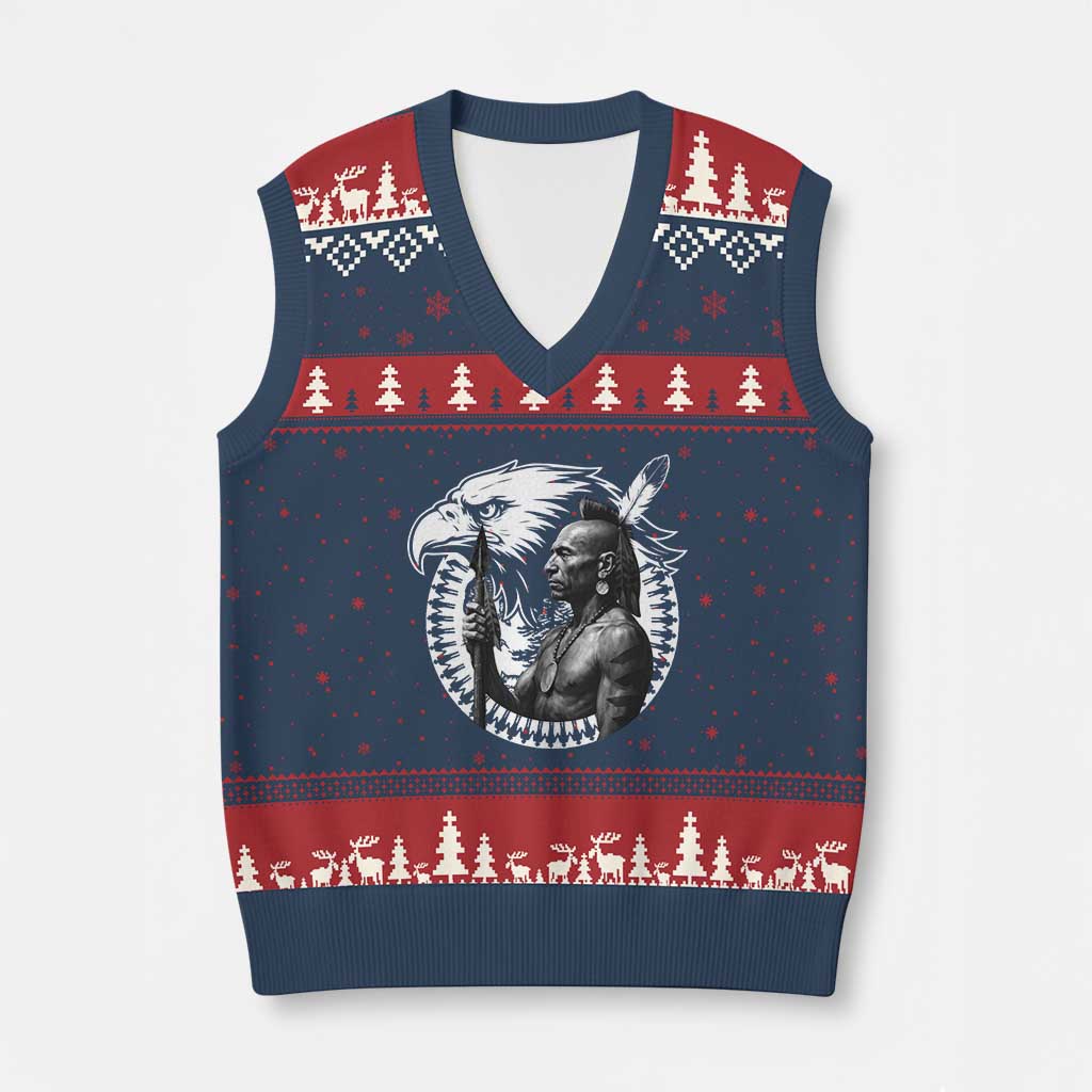 Mohawk Warrior Tribe V-Neck Knit Sweater Vest Native American Haudenosaunee Pride Vintage Eagle TS11 Navy Red Print Your Wear