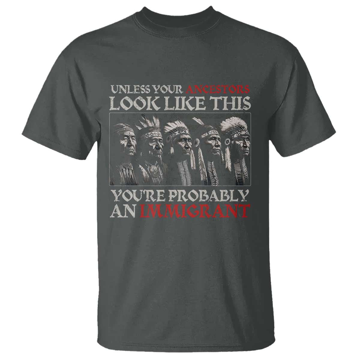 Unless Your Ancestors Look Like This You're Probably An Immigrant T Shirt Native American Indian TS11 Dark Heather Print Your Wear