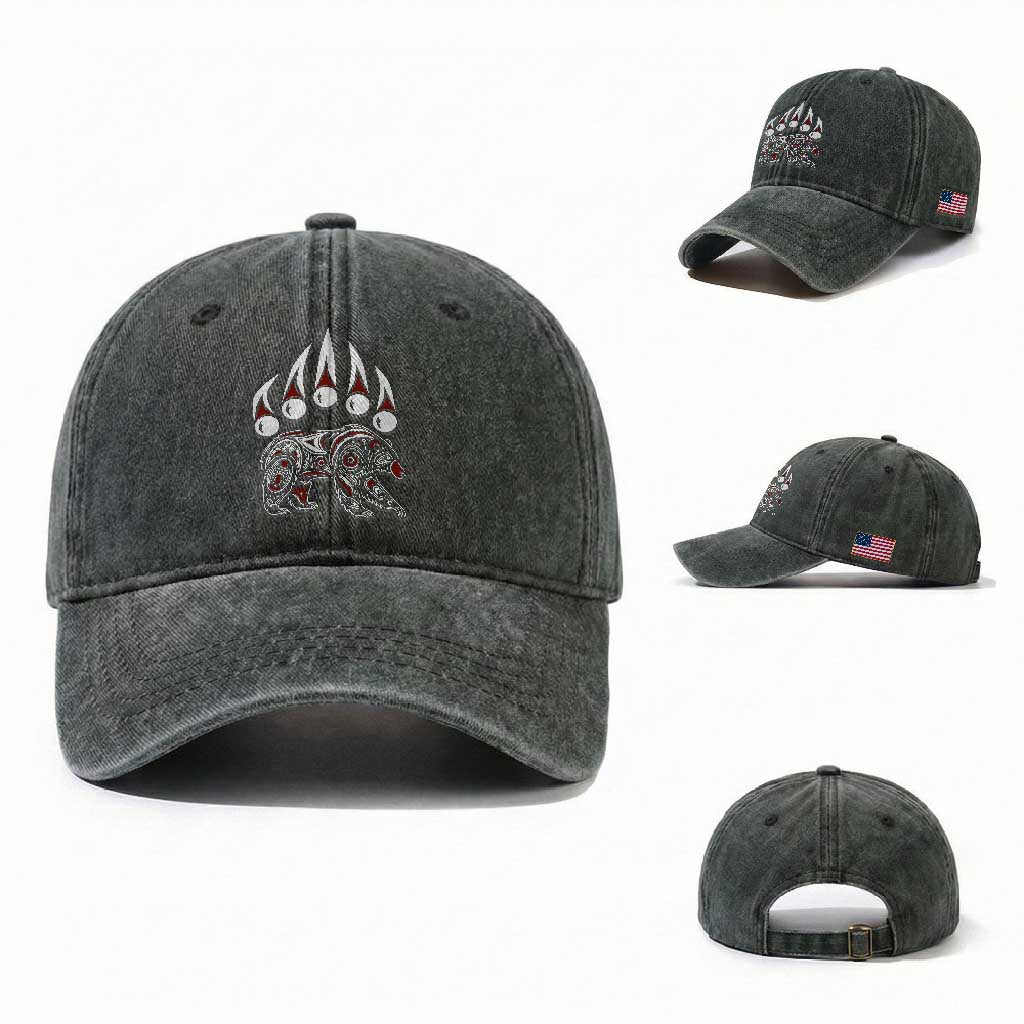Native American Alaska Grizzly Bear Claw Indian Pride Washed Cotton Baseball Cap