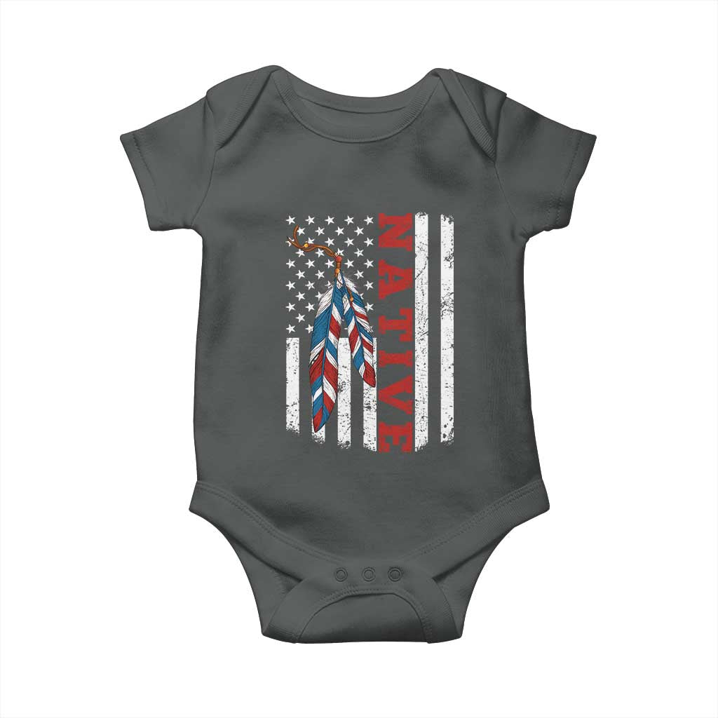 Native American Feathers Vintage USA Flag Baby Onesie Proud Indigenous People TS11 Dark Heather Print Your Wear