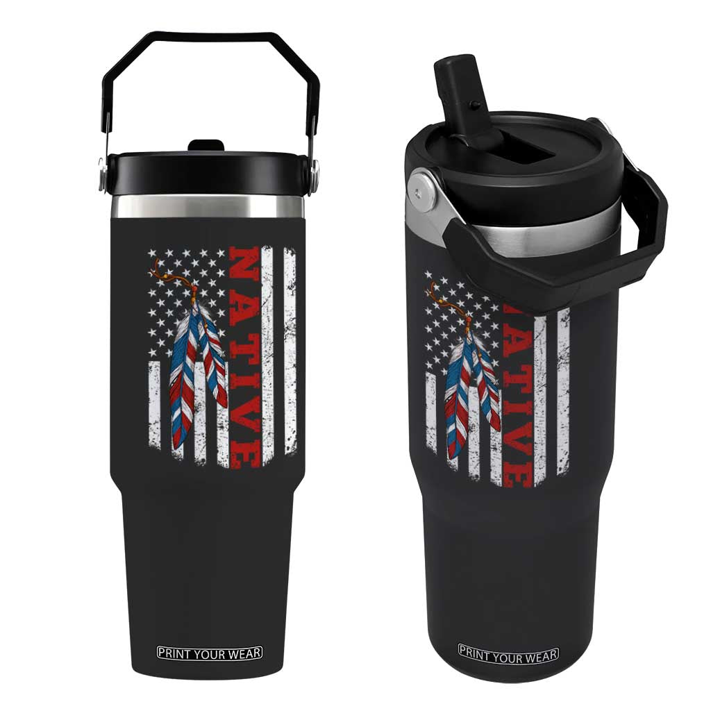 Native American Feathers Vintage USA Flag Flip Straw Tumbler Proud Indigenous People TS11 One Size: 30 oz Black Print Your Wear