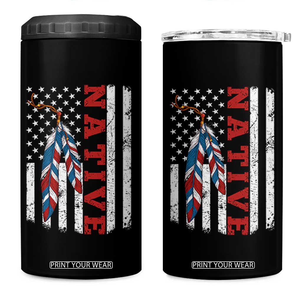 Native American Feathers Vintage USA Flag 4 in 1 Can Cooler Tumbler Proud Indigenous People TS11 One Size: 16 oz Black Print Your Wear