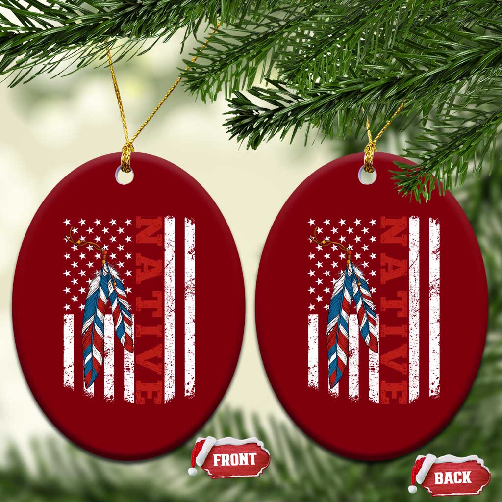 Native American Feathers Vintage USA Flag Ceramic Ornament Proud Indigenous People