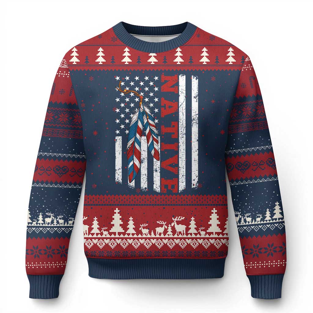 Native American Feathers Vintage USA Flag Ugly Christmas Sweater Proud Indigenous People - Print Your Wear