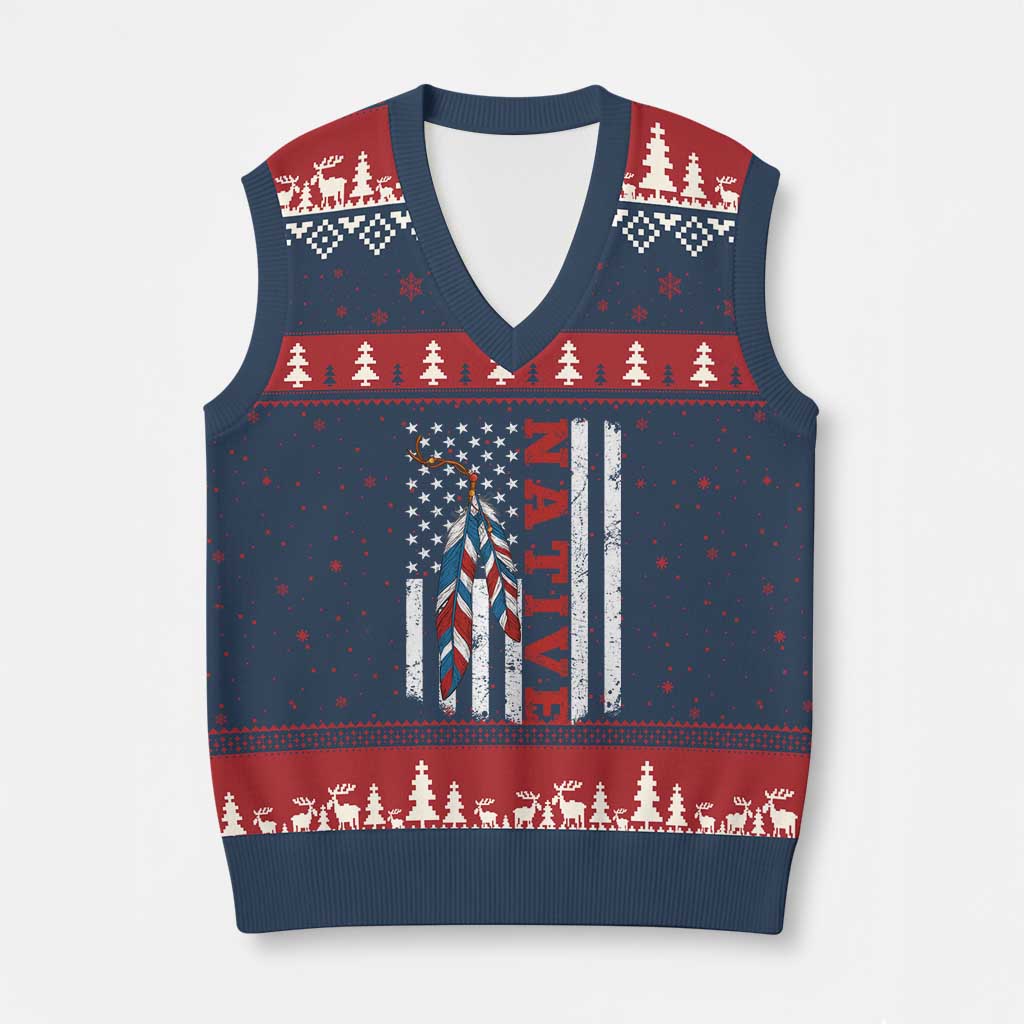 Native American Feathers Vintage USA Flag V-Neck Knit Sweater Vest Proud Indigenous People - Print Your Wear