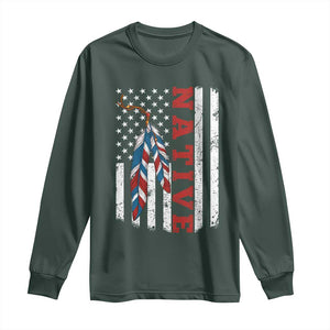 Native American Feathers Vintage USA Flag Long Sleeve Shirt Proud Indigenous People TS11 Dark Forest Green Print Your Wear