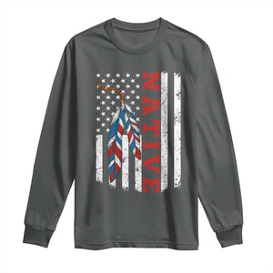 Native American Feathers Vintage USA Flag Long Sleeve Shirt Proud Indigenous People TS11 Dark Heather Print Your Wear