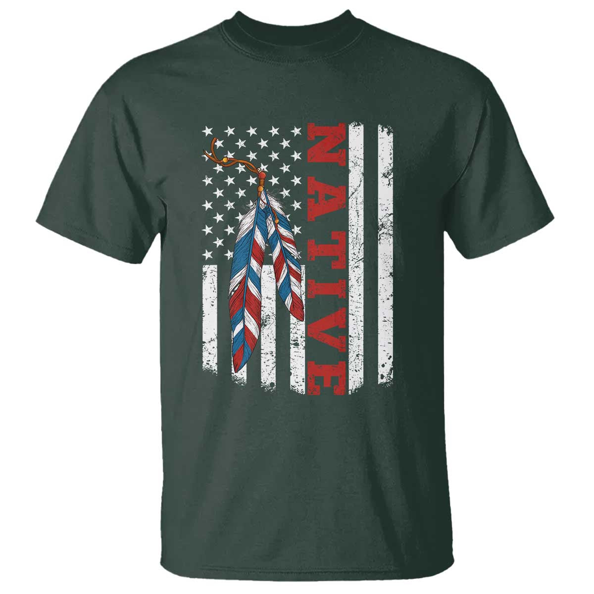 Native American Feathers Vintage USA Flag T Shirt Proud Indigenous People TS11 Dark Forest Green Print Your Wear