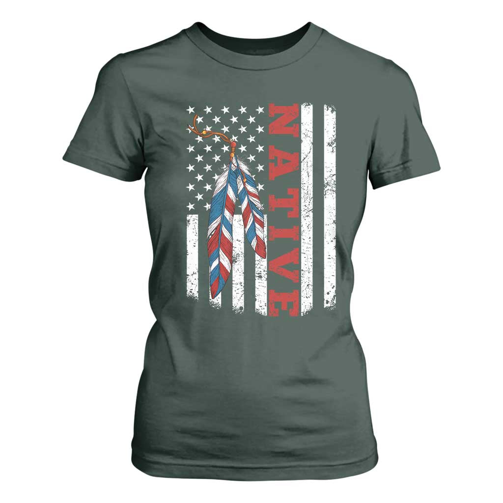 Native American Feathers Vintage USA Flag T Shirt For Women Proud Indigenous People TS11 Dark Forest Green Print Your Wear