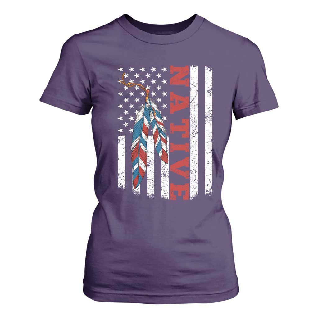 Native American Feathers Vintage USA Flag T Shirt For Women Proud Indigenous People TS11 Purple Print Your Wear