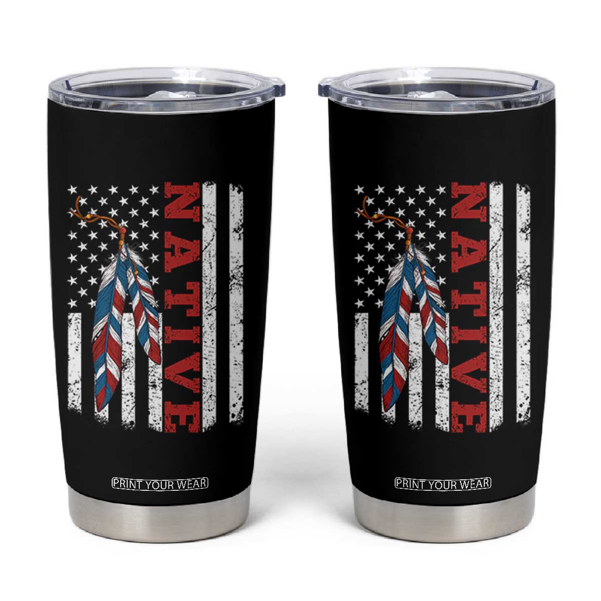 Native American Feathers Vintage USA Flag Tumbler Cup Proud Indigenous People TS11 Black Print Your Wear