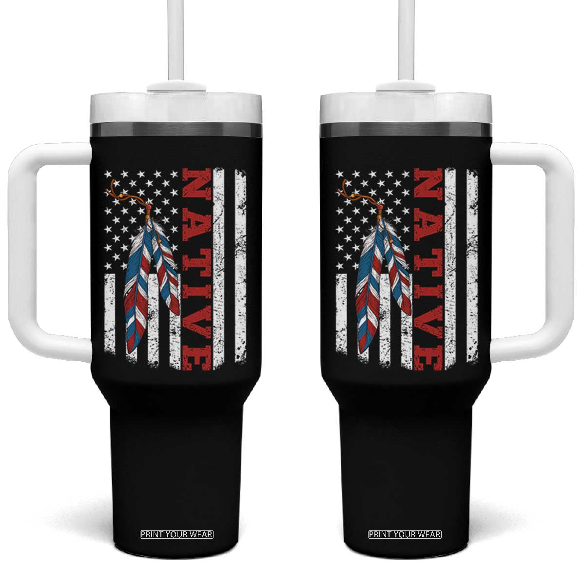 Native American Feathers Vintage USA Flag Tumbler With Handle Proud Indigenous People TS11 One Size: 40 oz Black Print Your Wear