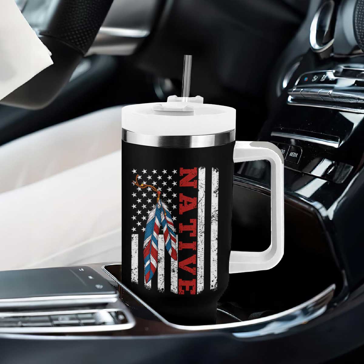 Native American Feathers Vintage USA Flag Tumbler With Handle Proud Indigenous People TS11 Print Your Wear