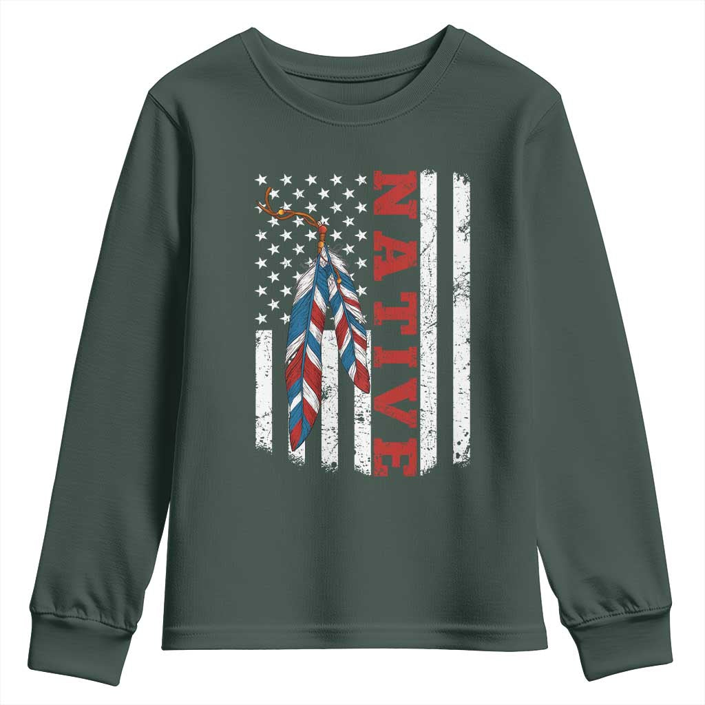Native American Feathers Vintage USA Flag Youth Sweatshirt Proud Indigenous People TS11 Dark Forest Green Print Your Wear