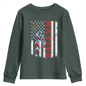 Native American Feathers Vintage USA Flag Youth Sweatshirt Proud Indigenous People TS11 Dark Forest Green Print Your Wear