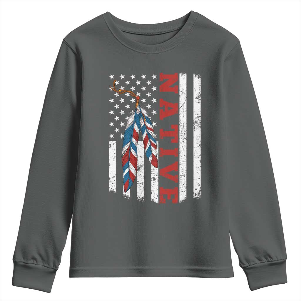 Native American Feathers Vintage USA Flag Youth Sweatshirt Proud Indigenous People TS11 Dark Heather Print Your Wear