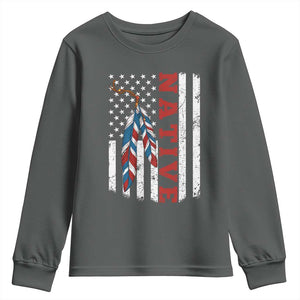 Native American Feathers Vintage USA Flag Youth Sweatshirt Proud Indigenous People TS11 Dark Heather Print Your Wear