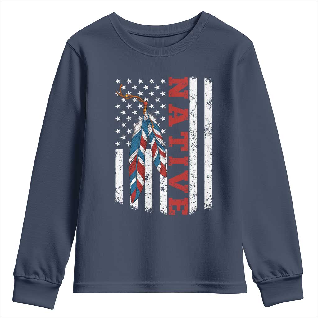 Native American Feathers Vintage USA Flag Youth Sweatshirt Proud Indigenous People TS11 Navy Print Your Wear