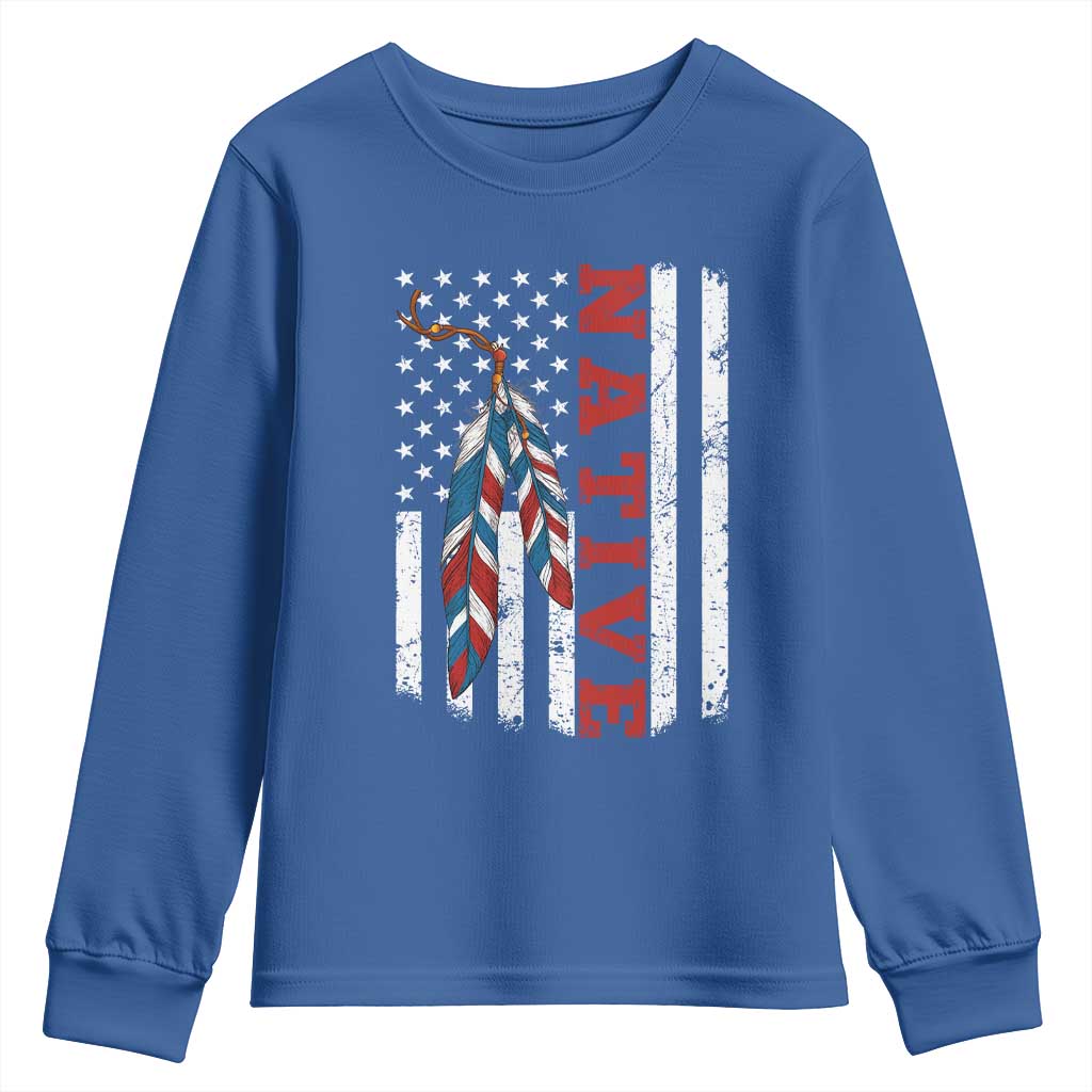 Native American Feathers Vintage USA Flag Youth Sweatshirt Proud Indigenous People TS11 Royal Blue Print Your Wear