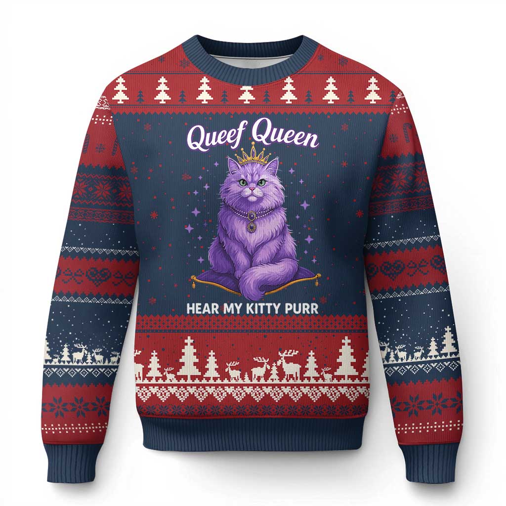 Funny Queef Queen Cat Ugly Christmas Sweater Hear My Kitty Purr Inappropriate Dirty Adult Humor TS11 Navy Red Print Your Wear