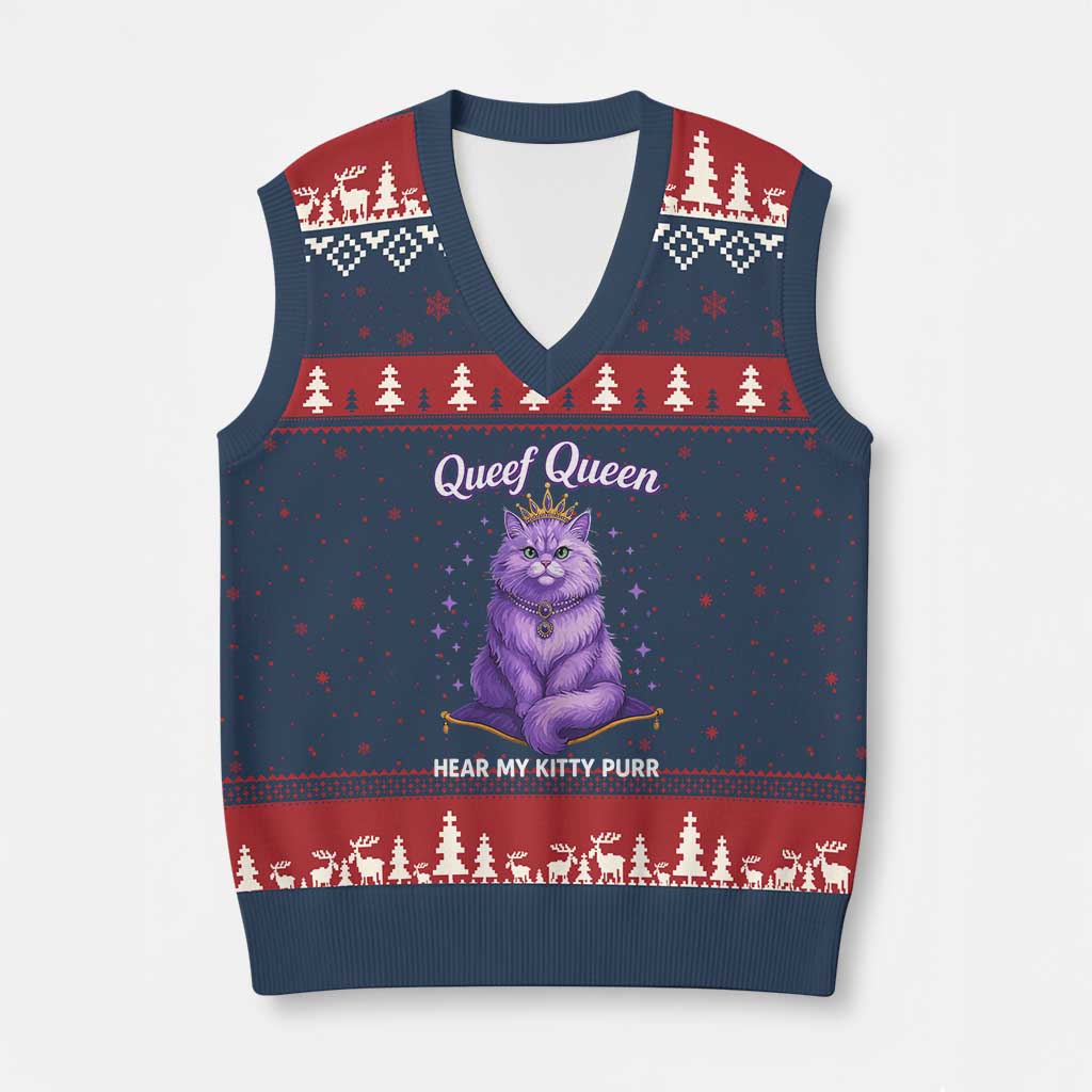 Funny Queef Queen Cat V-Neck Knit Sweater Vest Hear My Kitty Purr Inappropriate Dirty Adult Humor TS11 Navy Red Print Your Wear