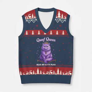 Funny Queef Queen Cat V-Neck Knit Sweater Vest Hear My Kitty Purr Inappropriate Dirty Adult Humor TS11 Navy Red Print Your Wear