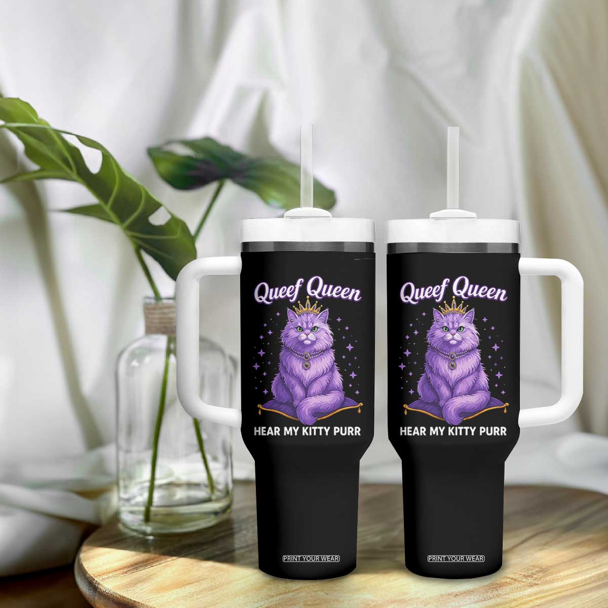Funny Queef Queen Cat Tumbler With Handle Hear My Kitty Purr Inappropriate Dirty Adult Humor TS11 Print Your Wear