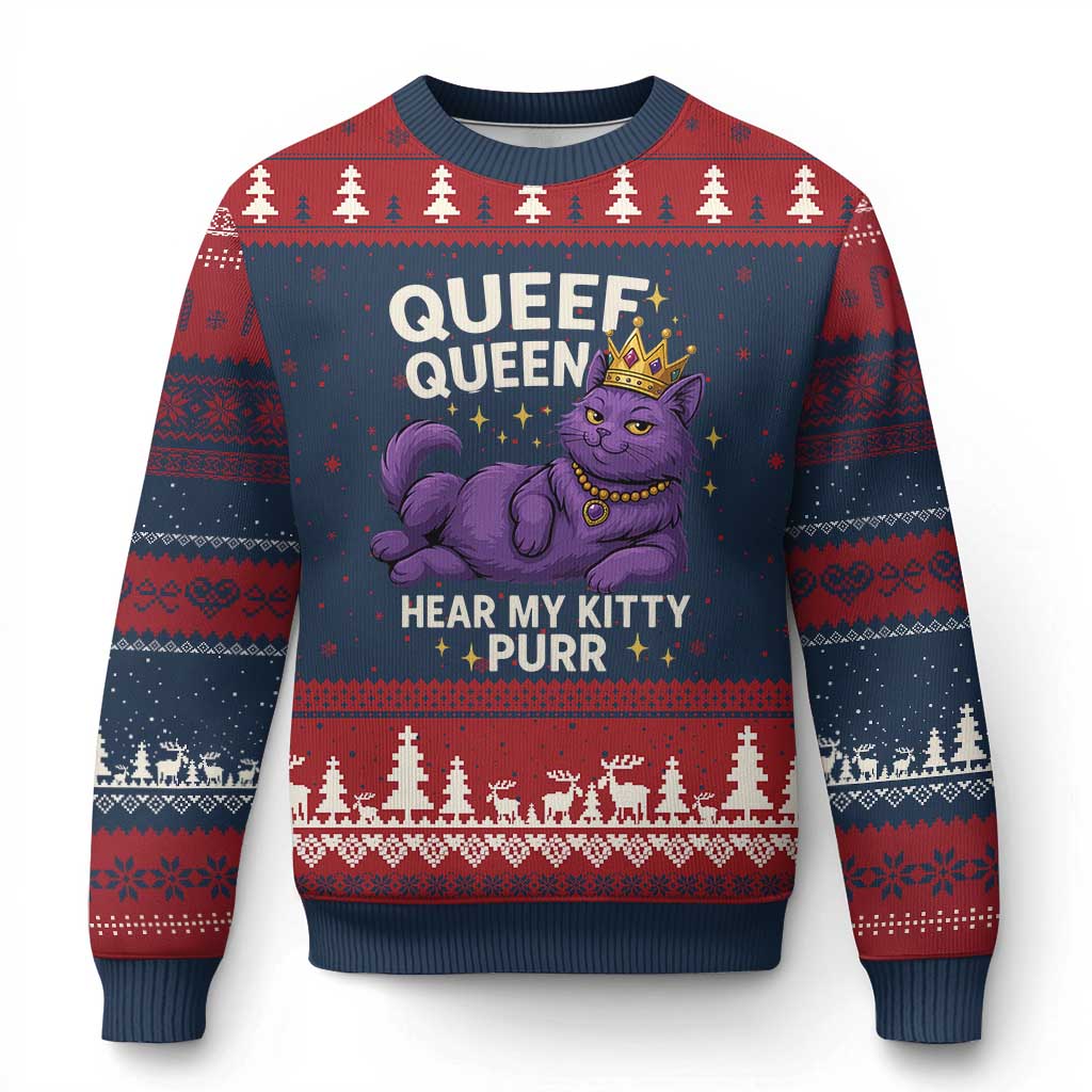 Funny Queef Queen Cat Ugly Christmas Sweater Hear My Kitty Purr Inappropriate Dirty Adult Humor Jokes TS11 Navy Red Print Your Wear