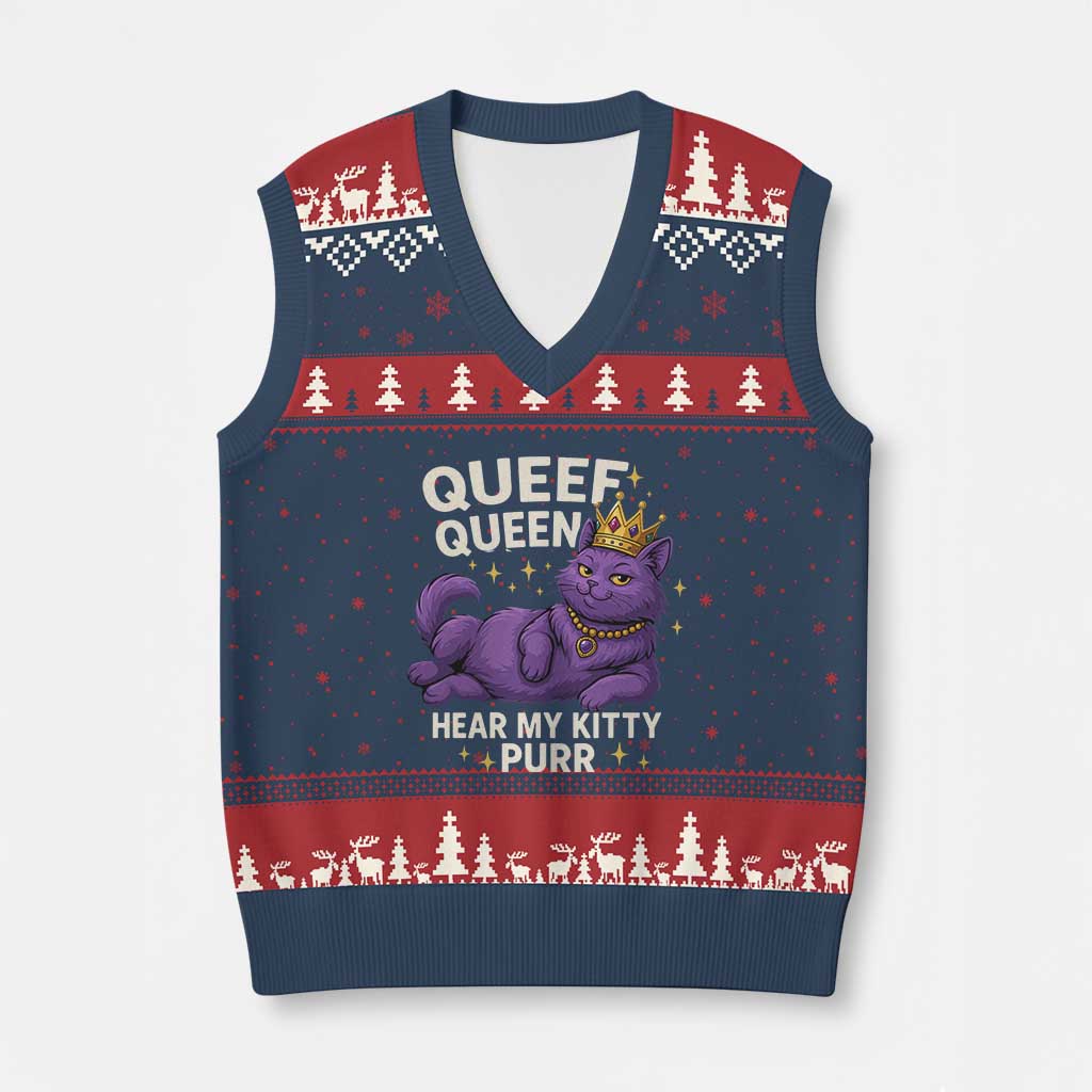 Funny Queef Queen Cat V-Neck Knit Sweater Vest Hear My Kitty Purr Inappropriate Dirty Adult Humor Jokes TS11 Navy Red Print Your Wear