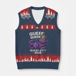 Funny Queef Queen Cat V-Neck Knit Sweater Vest Hear My Kitty Purr Inappropriate Dirty Adult Humor Jokes TS11 Navy Red Print Your Wear