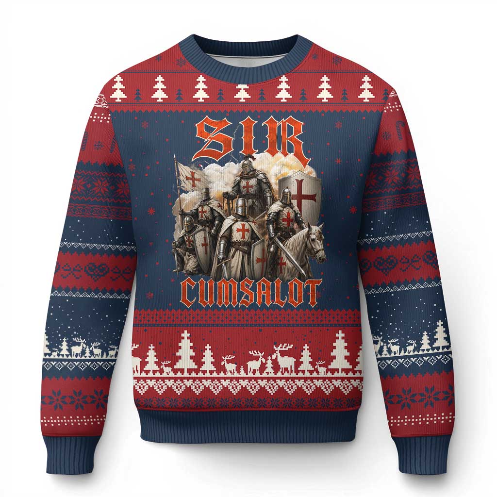 Sir Cumsalot Funny Offensive Knight Meme Bootleg Graphic Ugly Christmas Sweater TS11 Navy Red Print Your Wear