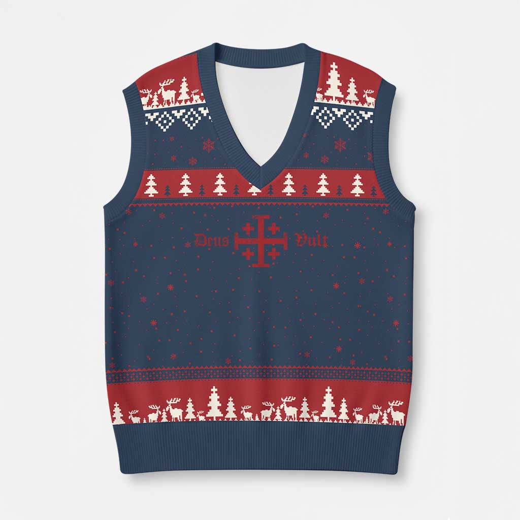 Deus Vult Catholic Knight Templar Crusader Cross V-Neck Knit Sweater Vest TS11 Navy Red Print Your Wear