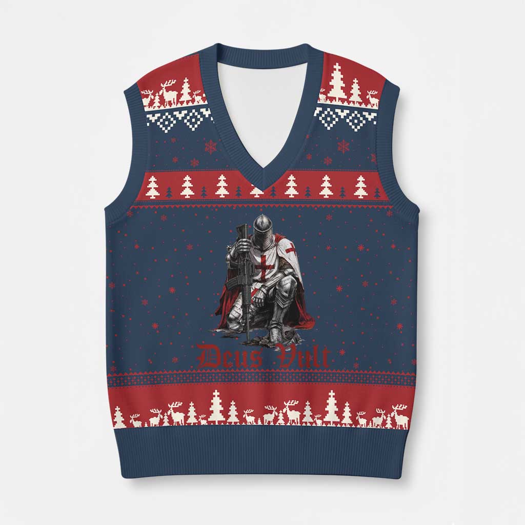 Deus Vult Knights Templar Gun Lover V-Neck Knit Sweater Vest Crusader Cross Soldier of Christ TS11 Navy Red Print Your Wear