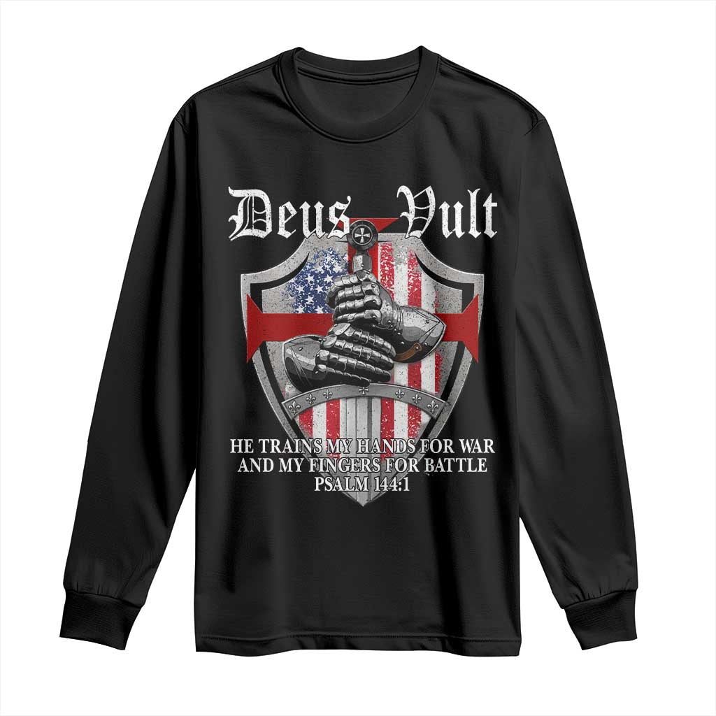 Deus Vult Knights Templar Long Sleeve Shirt He Trains My Hands For War And My Fingers For Battle TS11 Black Print Your Wear