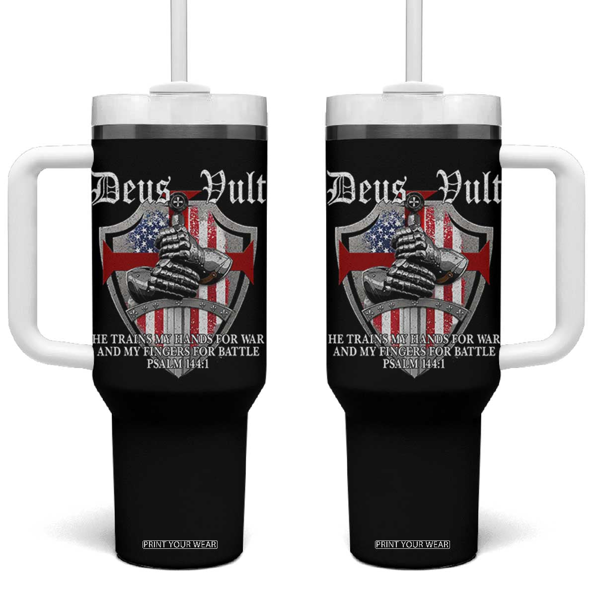 Deus Vult Knights Templar Tumbler With Handle He Trains My Hands For War And My Fingers For Battle