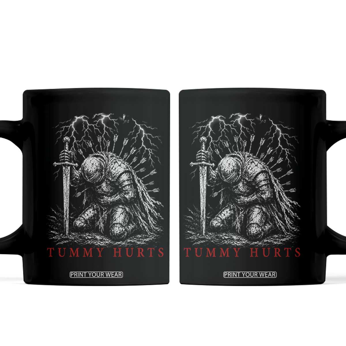Tummy Hurts Funny Medieval Knight Dark Fantasy Humor Coffee Mug TS11 Black Print Your Wear