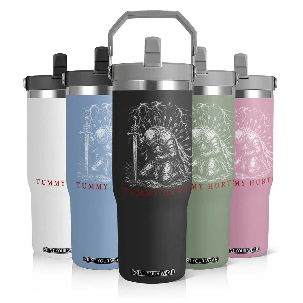 Tummy Hurts Funny Medieval Knight Dark Fantasy Humor Flip Straw Tumbler