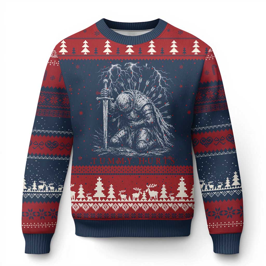 Tummy Hurts Funny Medieval Knight Dark Fantasy Humor Ugly Christmas Sweater TS11 Navy Red Print Your Wear