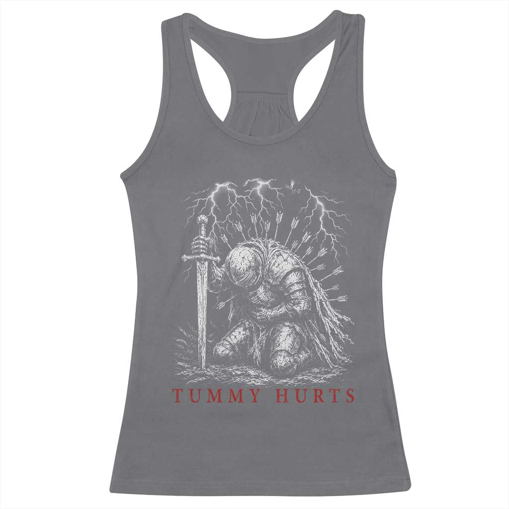 Tummy Hurts Funny Medieval Knight Dark Fantasy Humor Racerback Tank Top