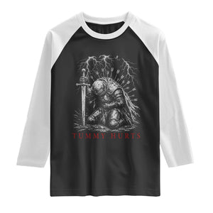 Tummy Hurts Funny Medieval Knight Dark Fantasy Humor Raglan Shirt