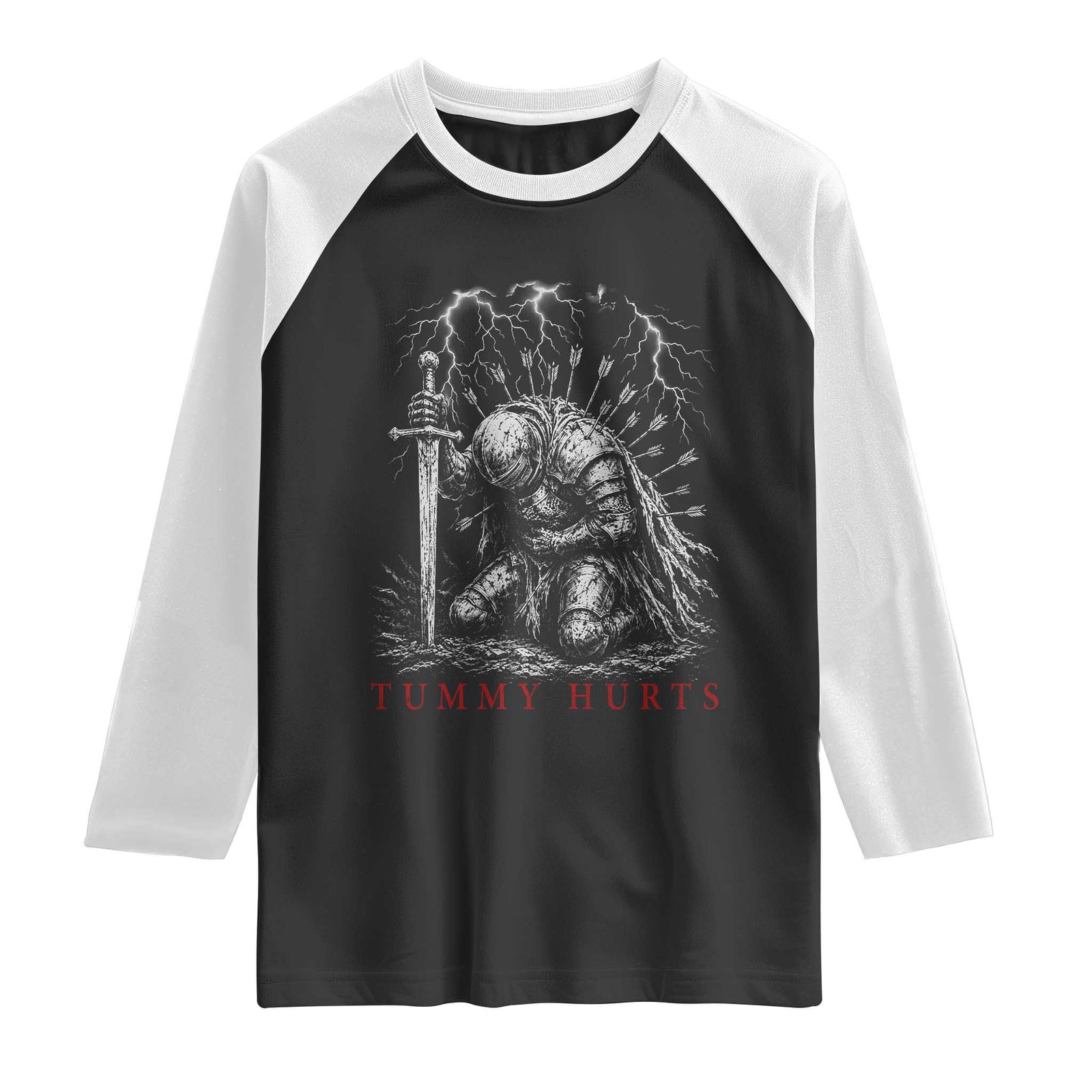 Tummy Hurts Funny Medieval Knight Dark Fantasy Humor Raglan Shirt TS11 Black White Print Your Wear