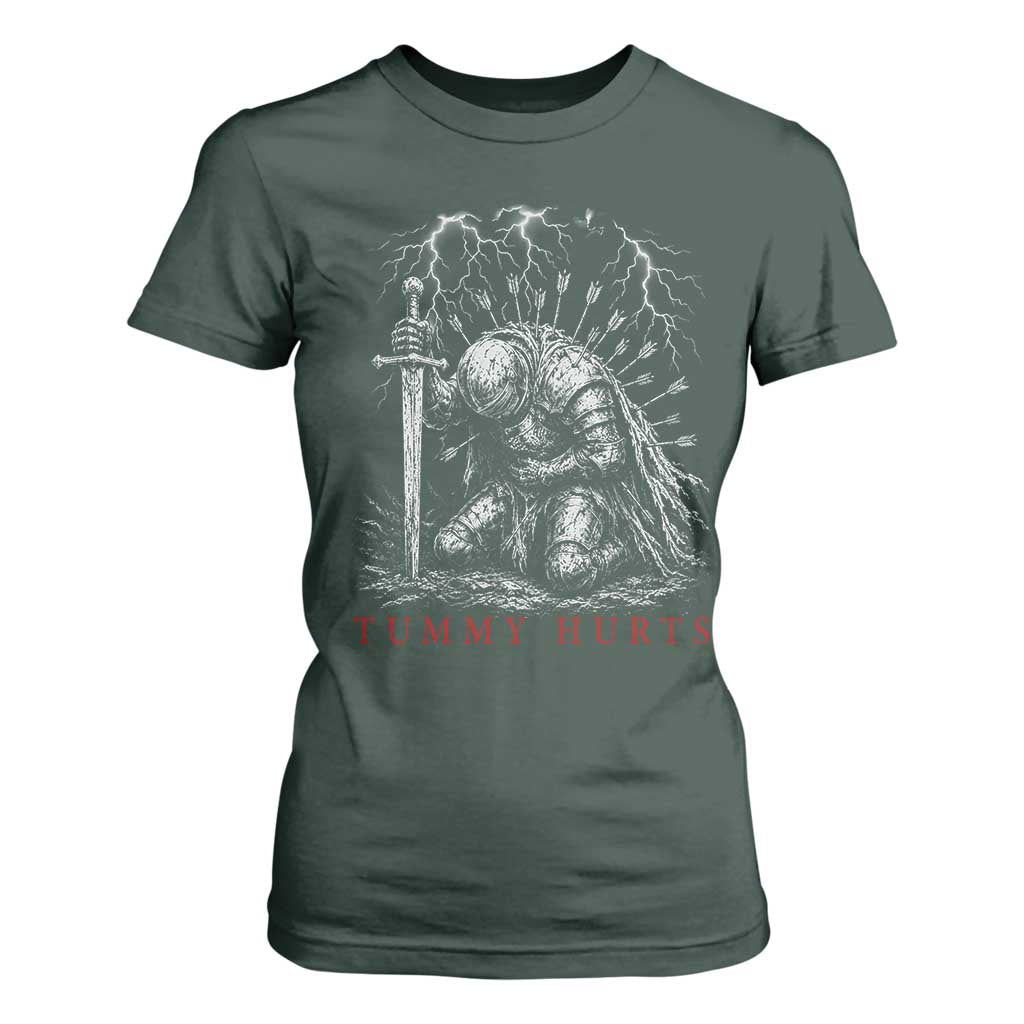 Tummy Hurts Funny Medieval Knight Dark Fantasy Humor T Shirt For Women