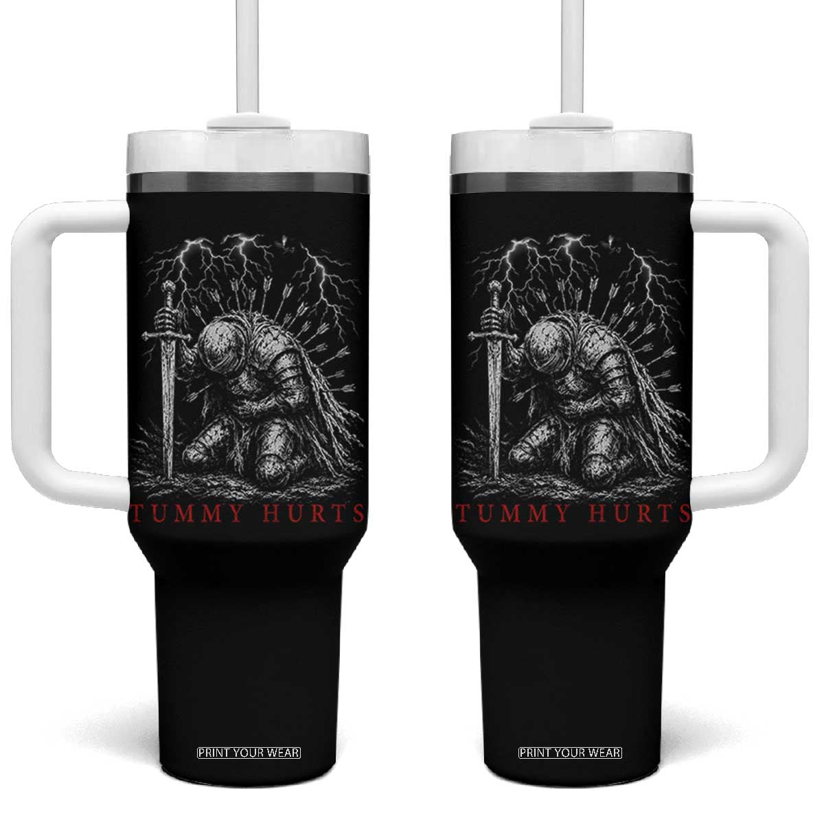Tummy Hurts Funny Medieval Knight Dark Fantasy Humor Tumbler With Handle TS11 One Size: 40 oz Black Print Your Wear