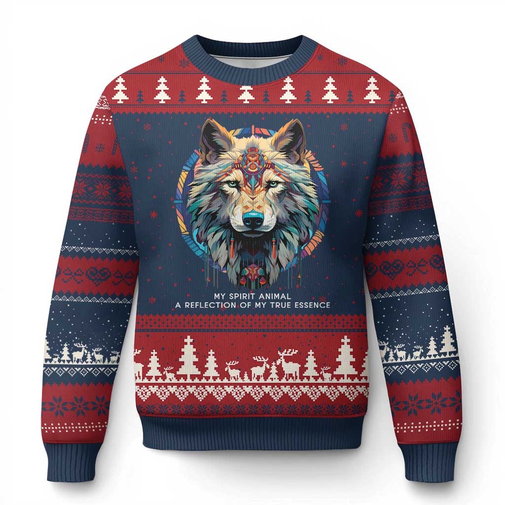 Native Americans Ugly Christmas Sweater My Spirit Animal A Reflection Of My True Essence Wolf TS11 Navy Red Print Your Wear
