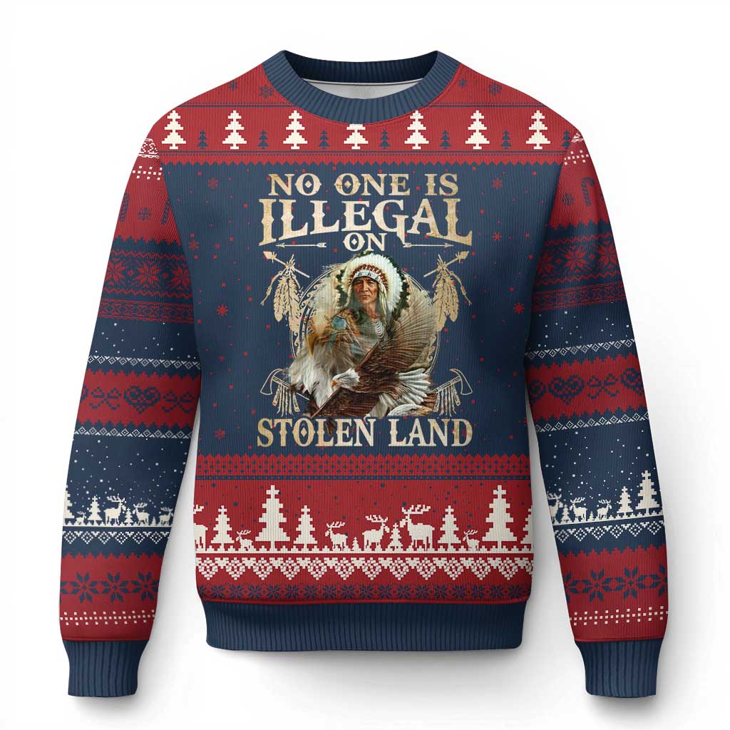 Native American Ugly Christmas Sweater No One Is Illegal On Stolen Land Eagle Tribe TS11 Navy Red Print Your Wear