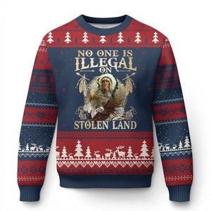 Native American Ugly Christmas Sweater No One Is Illegal On Stolen Land Eagle Tribe TS11 Navy Red Print Your Wear